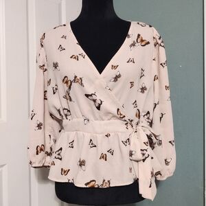Pale Pink Butterfly Print Wrap Top